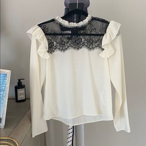 Zara beige and black lace ruffle blouse XS